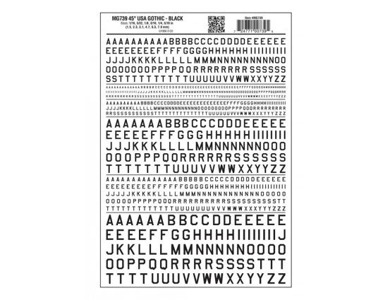 Woodland Scenics WOO739 Dry Transfer Alphabet & Numbers - 45-Degree USA Gothic (Military Style) -- Black, All Scales